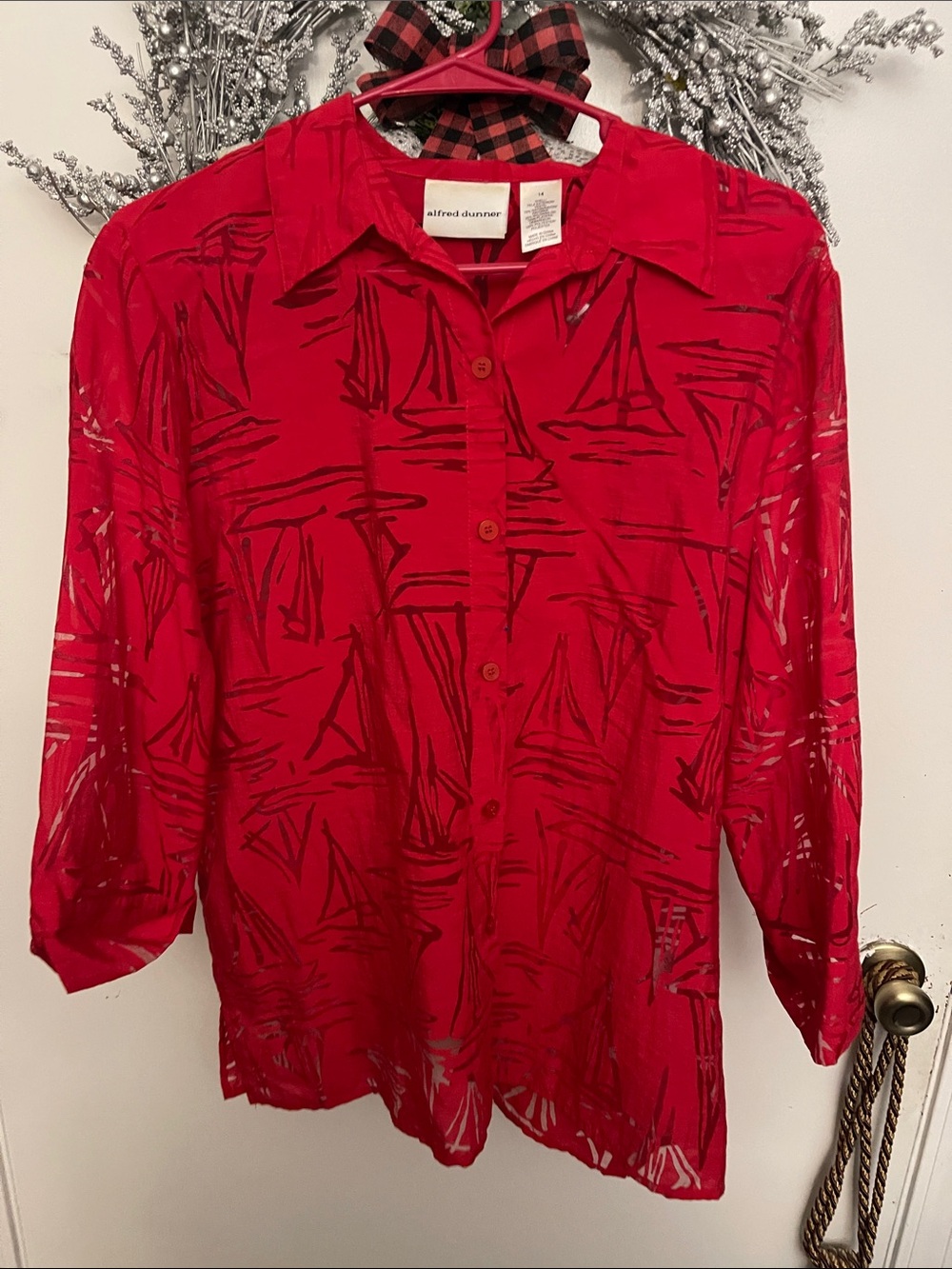 Alfred Dunner Bright Red Sheer Button-Down Shirt with Sailboat Motif